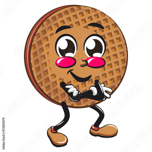funny stroopwafel mascot character cute round waffle vector illustration folding his arms calmly, work of hand drawn