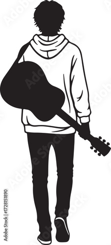 Musician with Guitar Silhouette Young Man in Hoodie Walking Away Vector Art