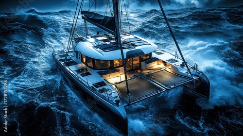 Catamaran sailboat in a stormy sea at night
