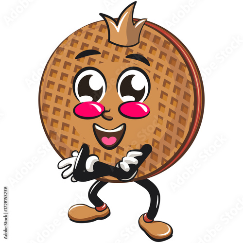 funny stroopwafel mascot character cute round waffle vector illustration crowned like a king while folding his arms calmly, work of hand drawn