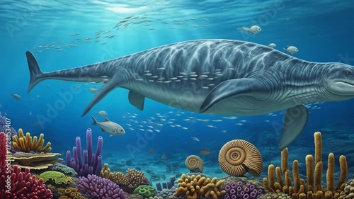 A Mosasaurus swims over a coral reef with ammonites and fish
