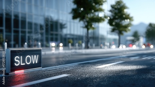 Roadside Digital Sign Displaying Slow on Asphalt with Building and Trees Background