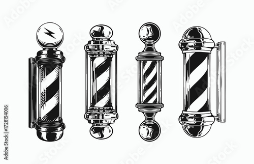 Vintage barber shop pole collection with classic striped design elements evokes nostalgia for traditional grooming and masculine style, perfect for retro branding