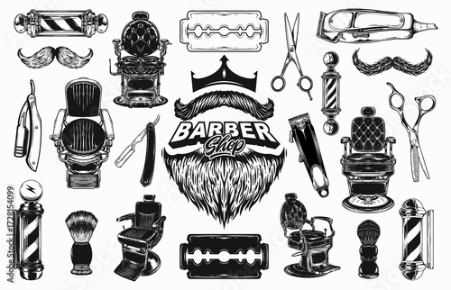 Vintage barber shop elements with chairs, mustaches, and scissors for retro styling, perfect for classic grooming designs and old-school advertising