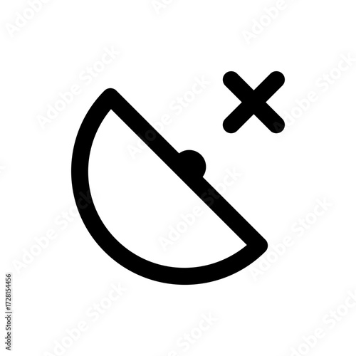 A simple black and white illustration of a satellite dish with an x symbol indicating disconnection issue