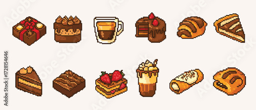 Pixel art 8 bit objects. Retro game assets. Set of icons. Vintage computer video arcades. Pixelated sweet desserts foods and drinks icon illustration. Vector illustration.