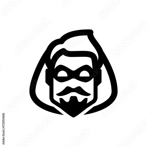 A stylized black and white icon of a masked character with a beard and mustache wearing a hood design