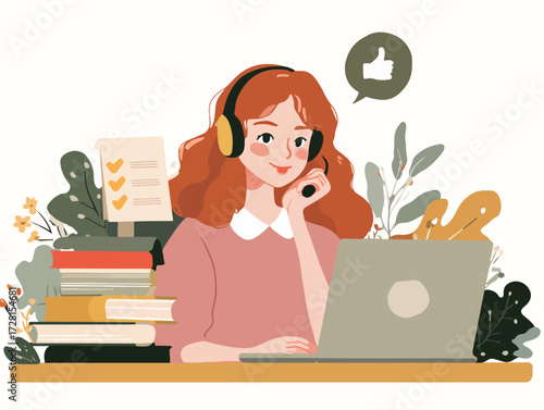 헤드폰을 쓰고 노트북으로 공부하는 활기찬 젊은 여성의 벡터 일러스트레이션으로, 긍정적인 학습 분위기를 연출합니다.