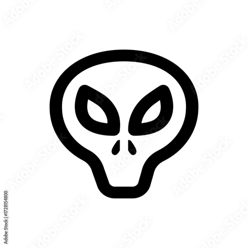 A simple black and white outline of an alien head with large eyes and a rounded cranium on white background