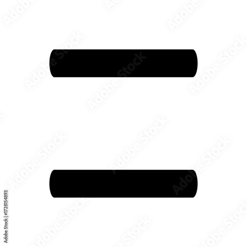 A simple black equals sign consisting of two horizontal lines on a clean white isolated background design