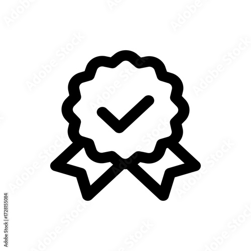 A simple black and white icon depicting a quality assurance badge with a checkmark in the center design