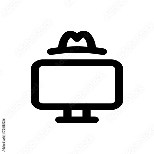 Black and white icon of a computer monitor with a fedora hat on top representing online security risk