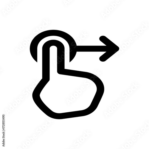 A simple black and white icon depicting a hand swiping or dragging to the right with a circular element