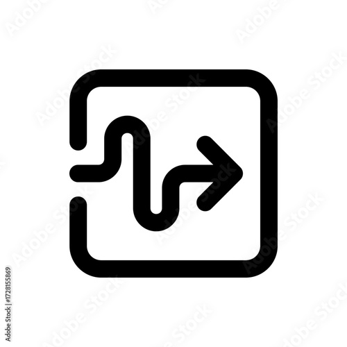 A simple black and white icon featuring a square outline with a winding arrow pointing to the right side