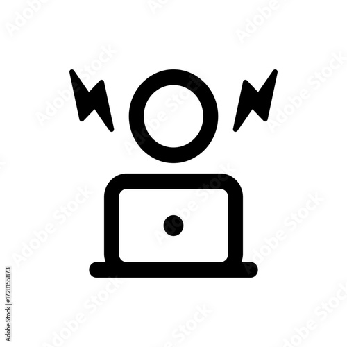 Person with laptop and lightning bolts indicating stress or frustration in black and white minimalist style