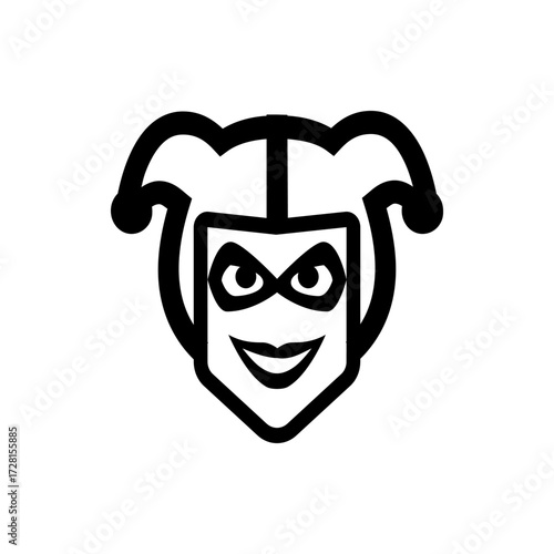 A simple black and white graphic of a harlequin or jester face with a hat and a smiling expression on white