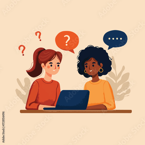 두 여성이 노트북을 사용하여 질문과 답변을 주고받으며 아이디어를 공유하는 모습을 벡터 그래픽으로 표현했습니다.