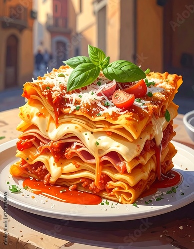 Layered pasta dish, sunlit outdoor setting