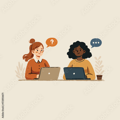 두 명의 여성이 노트북을 사용하여 대화하는 모습을 단순화된 벡터 일러스트레이션으로 표현하여 현대적인 협업 분위기를 연출합니다.