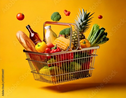 Photo of a golden shopping basket filled with groceries floats on yellow