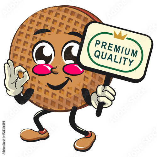 funny stroopwafel mascot character cute round waffle vector illustration carrying a sign board that says premium quality while giving an okay sign, work of hand drawn