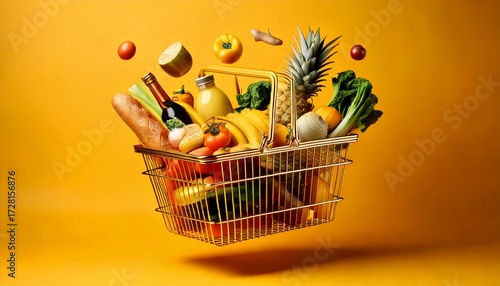 Photo of a golden shopping basket filled with groceries floats on yellow