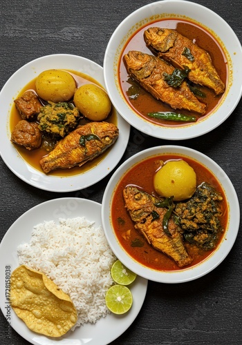Overhead view of fish curry dishes with rice and lime slices on a black surface top down shot