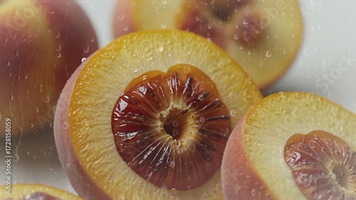 A very detailed and mouth-watering close-up showing several peaches that have been cut open. The main focus is on the cut center of the fruit.