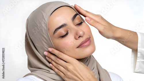 Serene Portrait of a Young Model with Closed Eyes, Gentle Hands Caressing Her Face, Expressing Calm and Tranquility in a Studio Setting