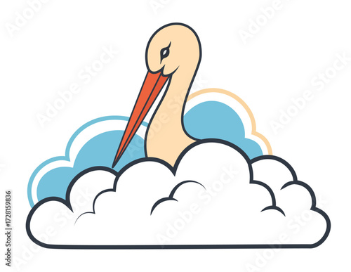 Cartoon stork peeking out from behind a fluffy white cloud, a vector icon for baby, newborn, delivery, children, and parenting themes