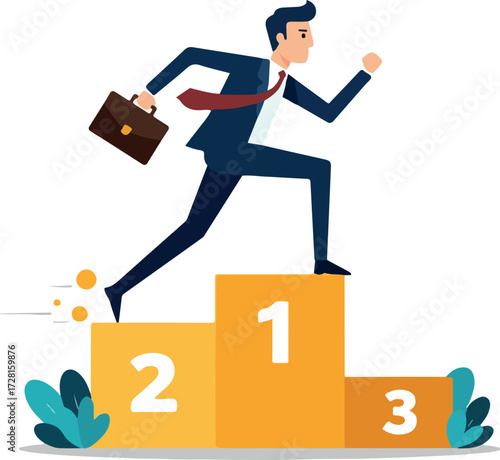 Businessman running up the podium steps to achieve success and win.