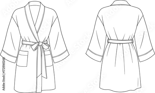Women bathrobe fashion flat sketch, kimono robe clothing design, technical drawing illustration, loungewear template with pockets and belt tie