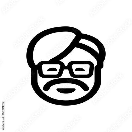Illustration of a man's face with glasses and a mustache in a simple black and white line drawing style