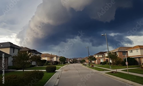 Suburban street with houses under a dramatic, dark storm cloud formation homes residential