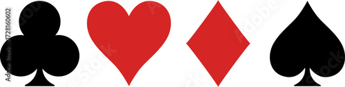 Playing Card Suits. clubs, hearts, diamonds, spades – black and red 
