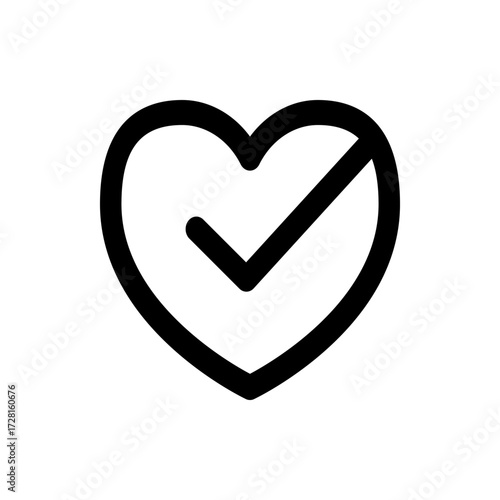 Heart outline with checkmark inside representing approval or validation in a simple black and white design
