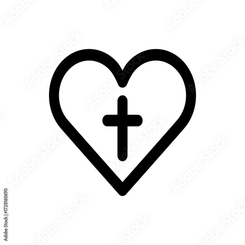 Heart outline containing a simple cross symbol representing faith and love in a minimalist design style image