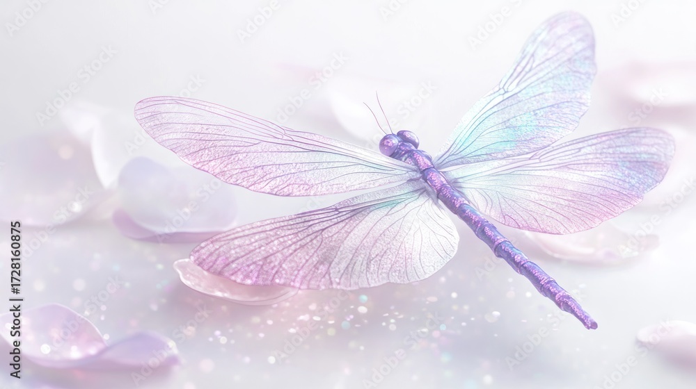 Fototapeta premium Delicate dragonfly, soft pastel hues, surrounded by rose petals and light