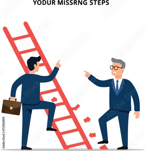 Businessmen pointing at ladder missing steps symbolizing career challenges and obstacles.