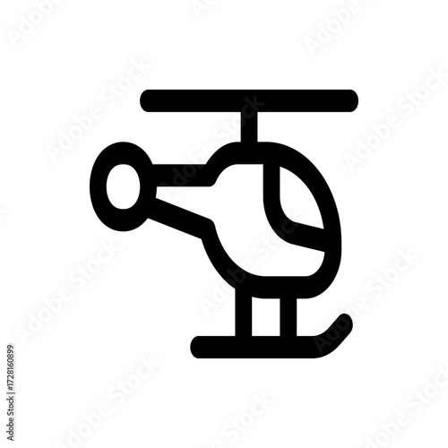 Simple black outline drawing of a helicopter with rotor blades and landing skids on a white background