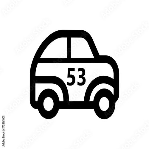 Illustration of a black and white cartoon car with the number fifty three displayed on the side view of it