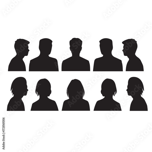 vector male and female portraits silhouettes avatars, set of pose people, profiles of unknown anonymous people man woman