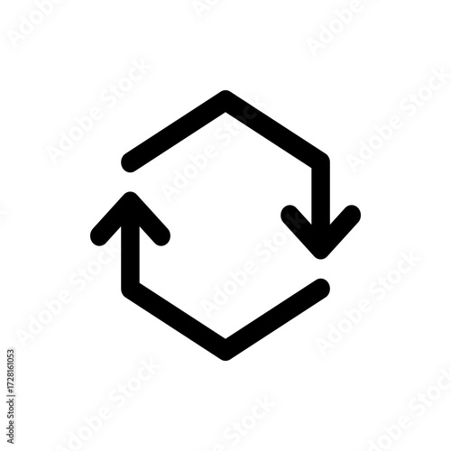 Black outlined arrows forming a hexagonal shape, one pointing up and the other pointing down in a cycle