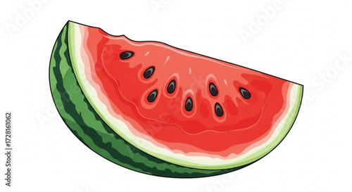A juicy watermelon slice, showcasing its vibrant red flesh and dark seeds, offers a refreshing taste of summer, this image captures