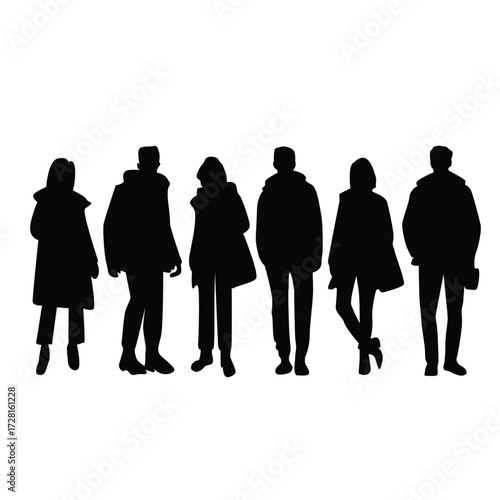 Silhouette of  People Standing Together Wearing Casual Clothes Isolated on White Background