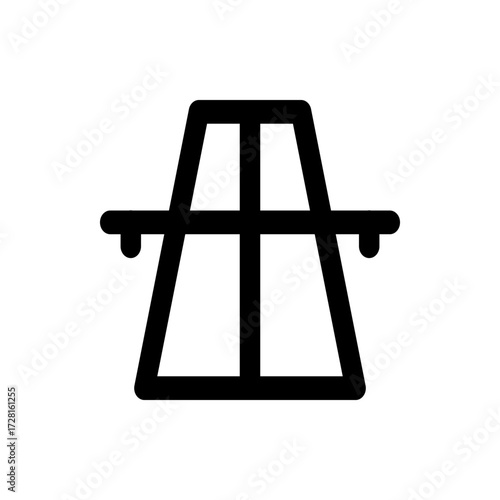 Illustration of a black outline of an easel with a horizontal bar and a base on a white background