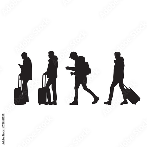 silhouettes of people walking , Silhouettes of people walking with luggage and bags travel on  airport illustrations.