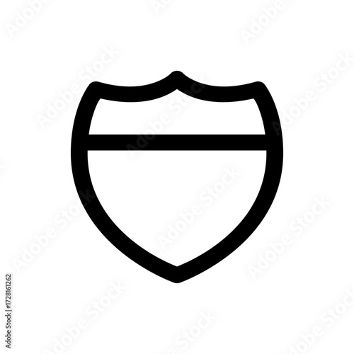A simple black and white graphic depicting a shield shape with a horizontal bar across the center portion