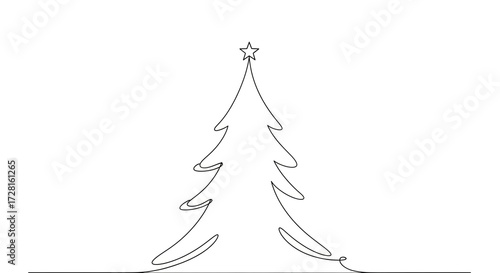 Simple christmas tree illustration with a continuous line, creating a minimalist and modern design, isolated on white background