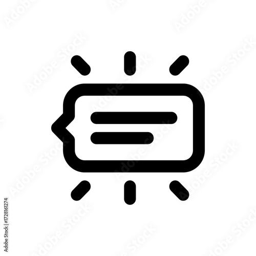 Black speech bubble with two horizontal lines inside and radiating lines around it on white background